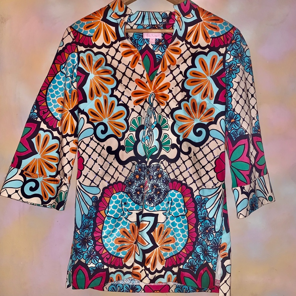 Lilly Pulitzer Multicolor Floral Print Tunic - Orange, Turquoise, Pink, Navy